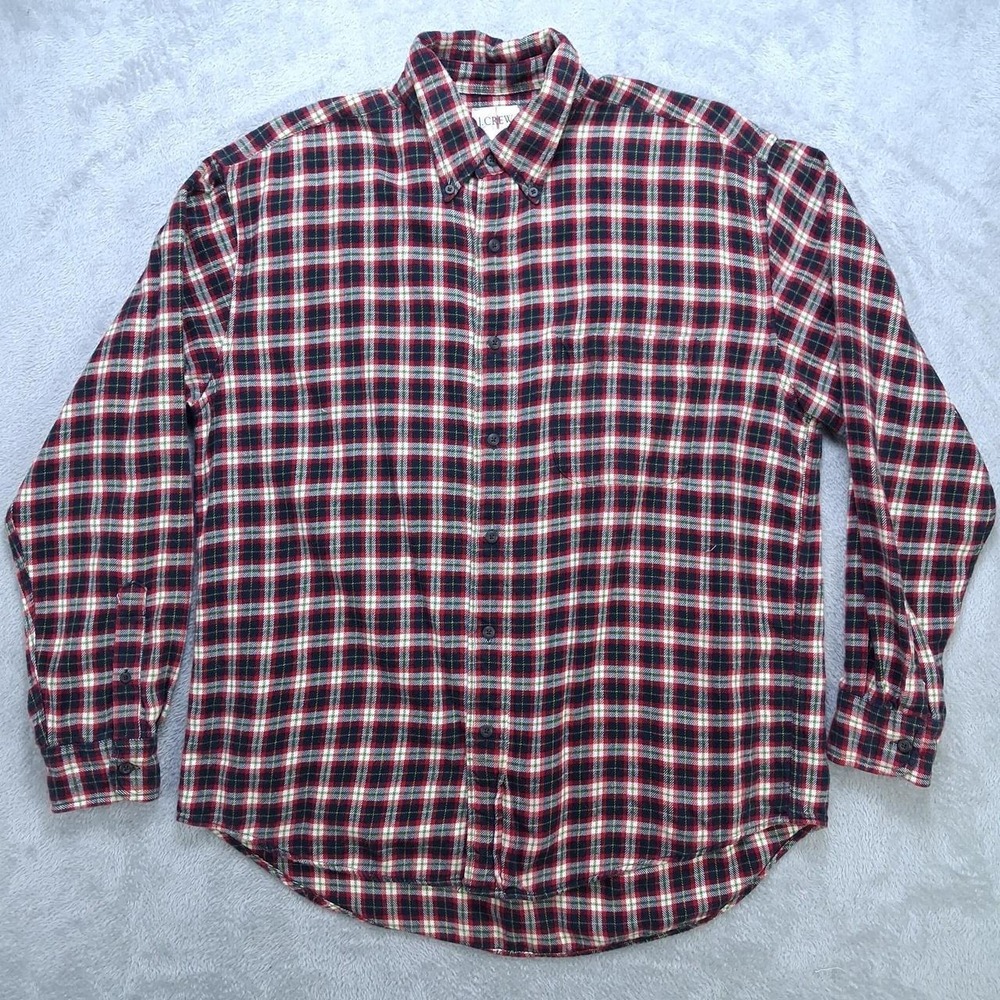 J.Crew Mens Medium Plaid Flannel Shirt Red Navy Blue Green Cotton Button Down